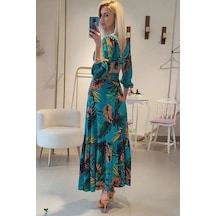 Fashion Cocktail Egzotik Palmiye Desenli Tokalı Göğüs Tasarım Pencereli Yırtmaçlı Uzun Havuz Başı Kokteyl Maxi Elbise Mavi