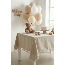 Keten Püsküllü Organizasyon Keten Masa Örtüsü Baby Shower, Doğum Günü, Nişan İçin Bohem Vintage Örtü Bej