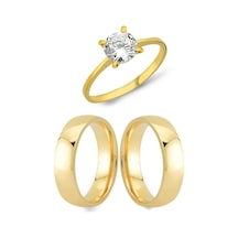 Altın Kaplama 6Mm Bombeli Gümüş Alyans Çifti Tektaş Hediye Al44