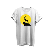Dağ Keçisi Siluet Baskılı %100 Pamuk Regular Fit Bisiklet Yaka Unisex T-shirt Beyaz
