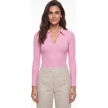 Onloox Kadın Şeker Pembe Şeker Pembe Fitilli Viskon Likralı Polo Yaka Vücudu Saran Yarım Fermuarlı Basic Bluz