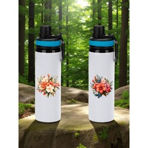 Çiçek Baskılı 2'li Mavi Kulplu Matara 850 Ml Beyaz