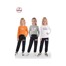 Panios Kids 3'lü Yuvarlak Yaka Sweatshirt Siyah Eşofmanlı Baskı Detaylı 6 Parça Kız Çocuk Alt Üst Takım Turuncu - Beyaz