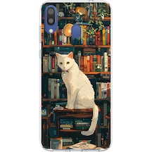 Samsung Galaxy M20 Uyumlu Kitaplık Beyaz Kedi Tasarımlı Baskılı Silikon Kılıf Renkli