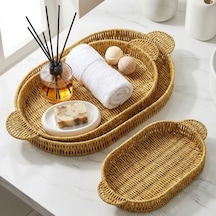 By Nevser İç İçe Geçebilen 3 Lü Oval Plastik Rattan Tepsi Seti Hasır Görünümlü Çok Amaçlı Servis Ve Sunum Tepsileri Diğer