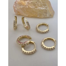 6'lı Zirkon Taşlı Gold Renk Küpe Seti 1cm Altın