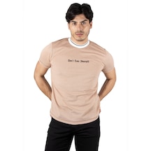 Deepsea Erkek Bej Yakası Ribanalı Nakışlı Tişört
