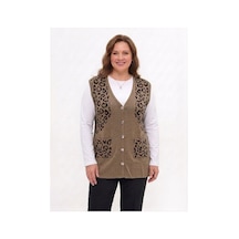 Onno Style Women Simli Leopar Desen Klasik Düğmeli Yelek Vizon