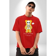 Mutlu Ol Pamuklu Bisiklet Yaka Unisex Oversize Boyfriend Dijital Baskılı Kırmızı T-shirt Kırmızı