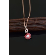 925 Ayar Gümüş Rose Kaplama Küçük Kırmızı Mineli Papatya Kadın Kolye UVPS101538-2