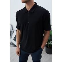 Baselco Polo Yakalı Fermuarlı Fresh Vizkon T-shirt - Tiril Tiril Esnek Siyah