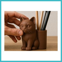 Bezos 3d Baskı Kedi Figürlü Kalemlik - Masaüstü Organizer - Kahverengi Dfnbez