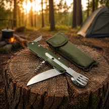Knivox Çok Fonksiyonlu Paslanmaz Çelik Kamp Çakısı - Çatal Kaşık Açacaklı Outdoor Set Haki