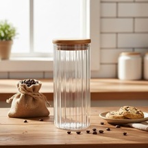 Linie Serisi Bambu Kapaklı Borosilikat Cam Kavanoz - 350 Ml Çizgili Vakumlu Baharatlık, Çay Ve Kahve Saklama Kabı Diğer