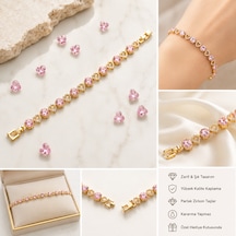 Pembe Taşlı Kalp Detaylı Kadın Bileklik Altın - Pembe
