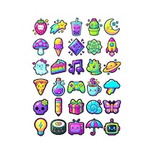 30 Adet Neon Sevimli Karakterler Sticker Seti - Laptop Defter Telefon Çok Renkli