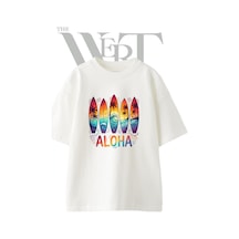 Thewert Aloha Surfboard Tasarım Baskılı Ünisex Beyaz Oversize T-shirt
