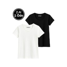 Kadın %100 Pamuk 2'li Paket Kısa Kollu Yuvarlak Yaka Tişört Çok Renkli