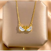 Zirkon Taşlı Kalp Kanatlı Kadın Kolye Gold Renk Paslanmaz Çelik, 55 Cm Işıltılı Tasarım Çelik