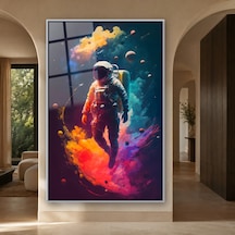 Renkli Dumanlarda Süzülen Astronot Gümüş Çerçeveli Cam Tablo