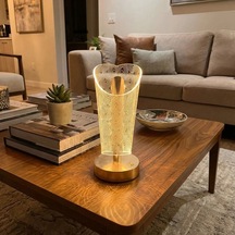 Açık Silindirik Kristal Damla Model Led Masa Lambası Gold Tabanlı, Dokunmatik, 3 Renk Işık Modlu, Şarjlı Mo Çok Renkli