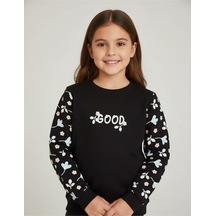 Kız Çocuk Çiçek Baskılı Sweatshirt SiYAH