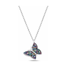 Çekirdekjewelry 925 Ayar Gümüş Kelebek Kolye Rodyum Kaplama Renkli Taşlı Zarif Tasarım Gri