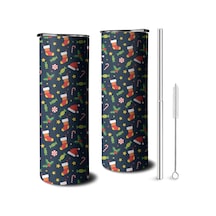 20oz Noel Desenli Paslanmaz Çelik Termos, Kapak Ve Pipetli, Çift Katlı Noel Çorap Şeker