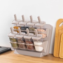 8'li Standlı Baharatlık Seti, Tezgah Üstü Ve Duvara Monte, Kilitli Kapak, Şeffaf Kavanozlar, Bpa İçermez, Modern Minimalist, Bej/gri Çok Renkli