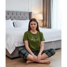 Mihra Kadın %100 Pamuk Bisiklet Yaka Kısa Kol Kapri Pijama Takımı 90787/4129- 1 Adet Yeşil
