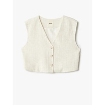 Koton Viskon Keten Karışımlı Düğmeli Crop Blazer Yelek Bej 5sak20031pw Ekru