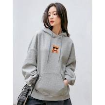Unisex Oversize Ayıcık Baskılı Kapüşonlu Sweatshirt Gri