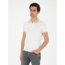 Beyaz Slim Fit Fermuarlı Polo Yaka Triko T-shirt
