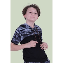 Kapşonlu Kamuflaj Desen Erkek Çocuk T-shirt Gri