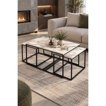 Sulorahome Ekru Desenli Metal Ayaklı 4'lü Sehpa Seti