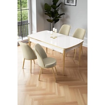 Canisa Nira Serisi 70x114 Mdf Açılabilir Beyaz Mutfak Masa Takımı 4 Krem Sandalye Gold Detay Beyaz Masa Krem Sandalye Ayaklar Gold