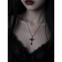 Kırmızı Kalp Kanatlı Gotik Kolye Gümüş Renk Zincir Unisex Çok renkli