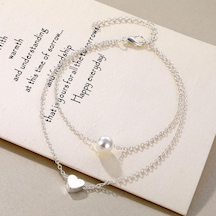 Gümüş Moda İnci Aşk Çift Katmanlı Entegre Halhal Aksesuarları Bayanlar Kişilik Vahşi