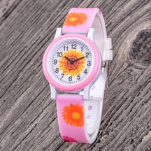 Pembe Çiçek Figürlü Kız Çocuk Kol Saati Rakamlı Silikon Kordon Saat