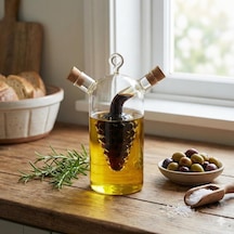 2&apos Si 1 Arada Cam Yağlık Ve Sirkelik - İç İçe Geçmeli Çift Hazneli Dekoratif Sosluk - Mantar Kapaklı Zeytinyağı Ve Sirke Şişesi 240ml + 60ml Acı Kahverengi