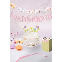 Kelebek Ve Çiçekler Temalı Doğum Günü Konsepti Süsleme Seti , Cupcake Süsü Flama Etiket Dijital Baskı