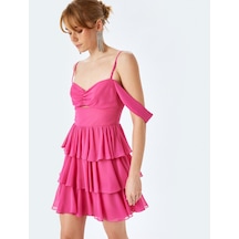 Koton Katlı Volanlı Kısa Kollu Kalp Yaka Mini Elbise Pembe 5sak80042fw Gül