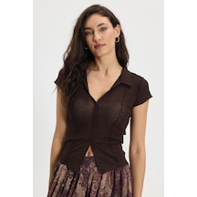 Tudors Kadın Slim Fit Dar Kesim Kısa Kollu Gömlek Yaka Koyu Kahve Gömlek-50543