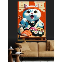 Ahşap Tablo Sushi Yiyen Sevimli Kedi