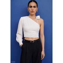 Sateen Çiçek Detaylı Bluz - Ekru-137863