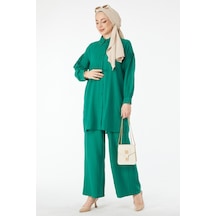Düz Gömlek Yaka Kadın Yeşil Boncuk Detaylı İkili Takım - 24505 001