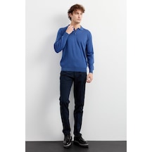 Erkek Basic Polo Yaka İnce Triko Kazak İndigo İndigo