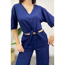 Trend Alisse Lacivert Önden Bağlamalı Crop Palazzo Alt Üst Takım