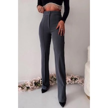 Unika Boutique Kadın Yüksek Lastikli Bel Nervür Dikişli Dekoratif Düğmeli Çimalı İspanyol Paça Palazzo Pantolon Antrasit