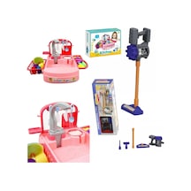 Bulaşık Yıkama Seti - Pilli Su Akıtan Modern Lavabo + Oyuncak Pilli Dikey Süpürge